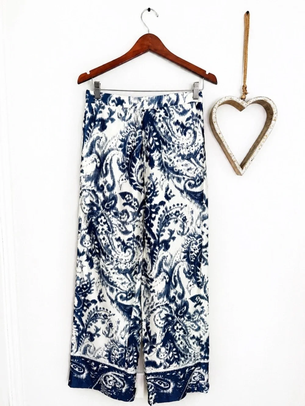 Elie Tahari Blue White Paisley Print Wide Leg Pants Coastal Boho Cottagecore SM